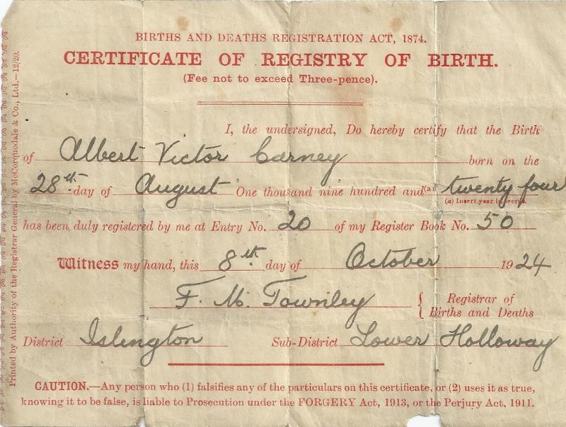 Albert Victor Carney birth cert.